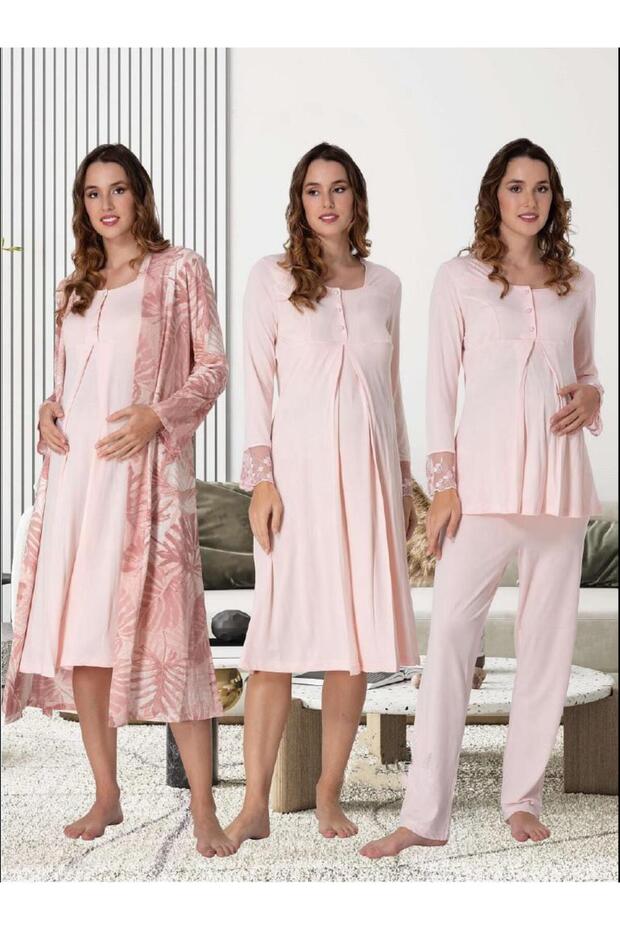 Dvina Maternity Nightgown, Dressing Gown and Pajama Set Complete Set - 4-Piece Set - Pink