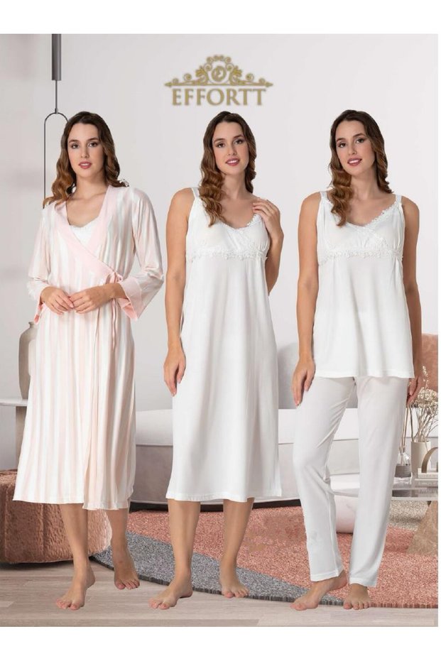 Dvina Maternity Nightgown, Striped Robes and Pajama Set - 4-Piece Set - Ecru