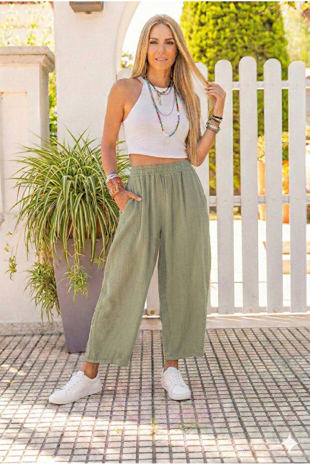 Women's Muslin Fabric, Elastic Waist, Pocketed Comfortable Fit Pants - Khaki 700-3416352