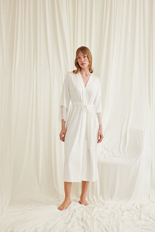 Women'S, Ecru, Lace Piece and Belted Dressing Gown