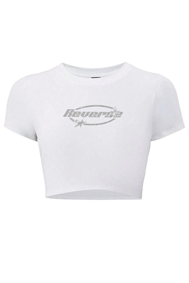 Harajuku Y2K Revenge Written Glitter Stone Printed White Cropped Tshirt