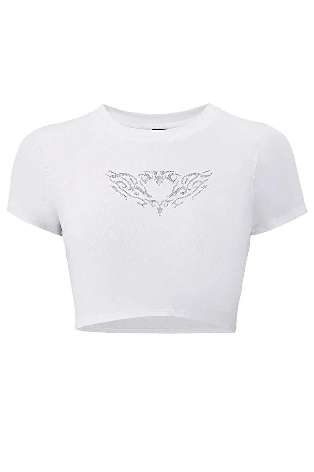 Harajuku Y2K Angel Wing Glitter Stone Printed White Cropped Tshirt