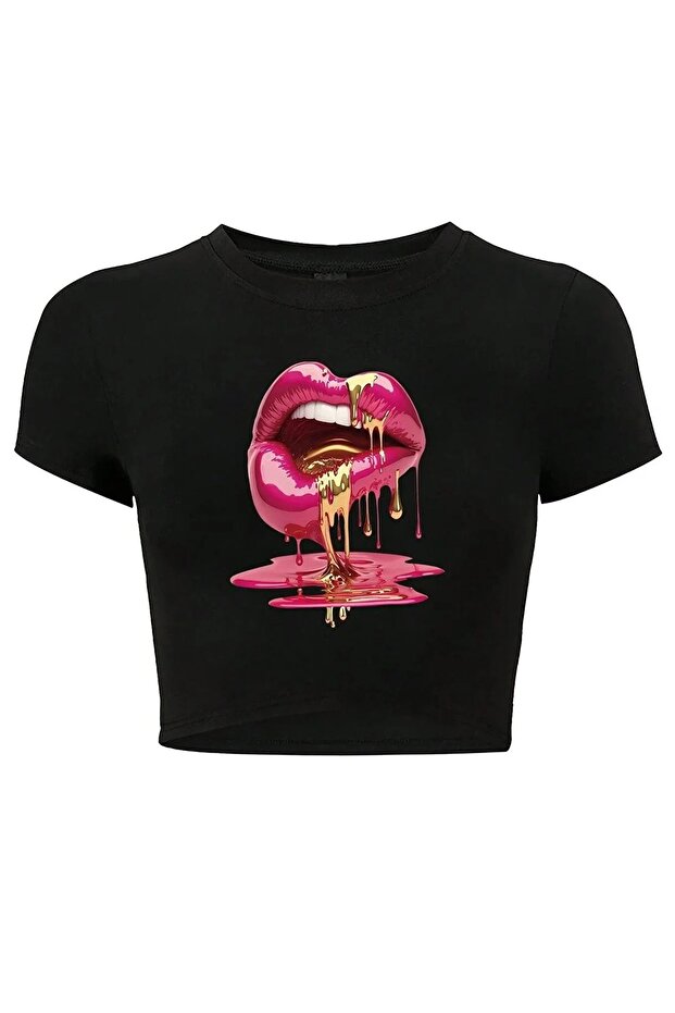 Harajuku Y2K Flaming Lip Figure Printed Black Cropped Tshirt