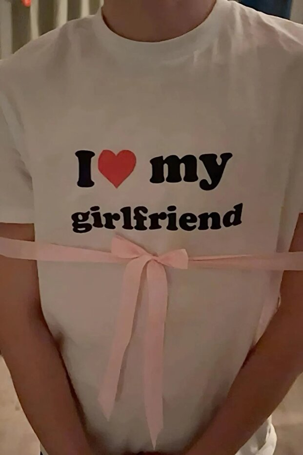 Unisex Oversized White I Love My Girlfriend Detailed T-Shirt