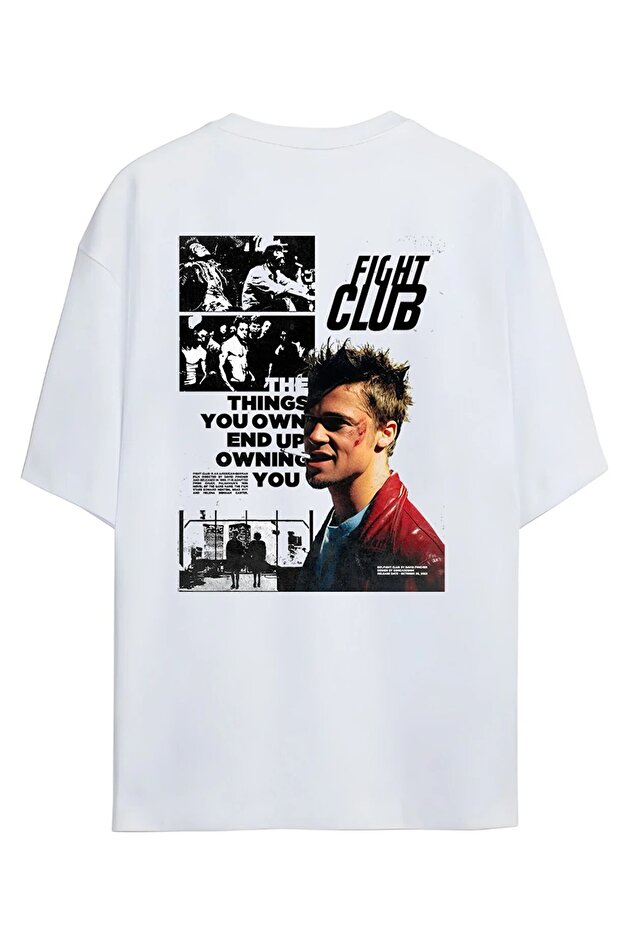 Unisex Oversized White Fight Club Detailed T-Shirt