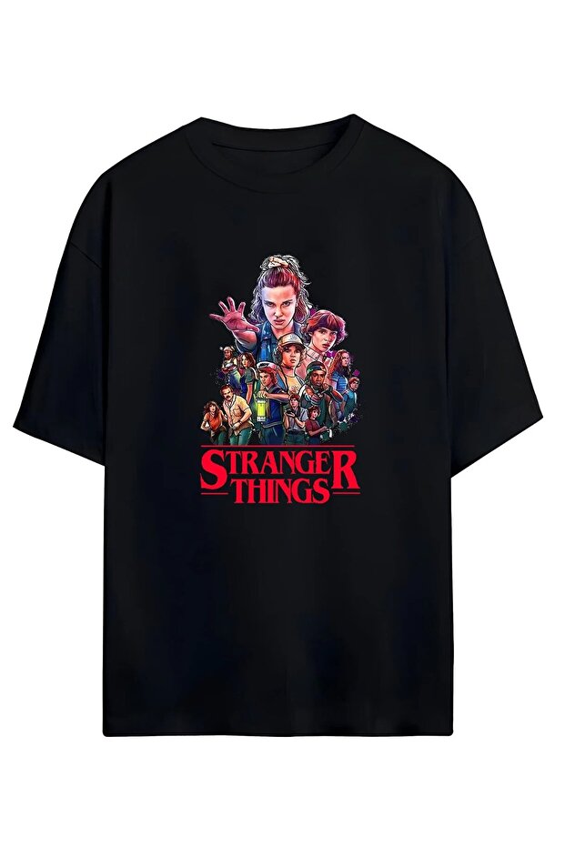 Unisex Oversized Black Stranger Things Character Detailed T-Shirt