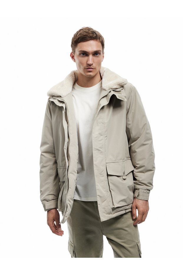 Zippered Collar Coat Pocketed Plush