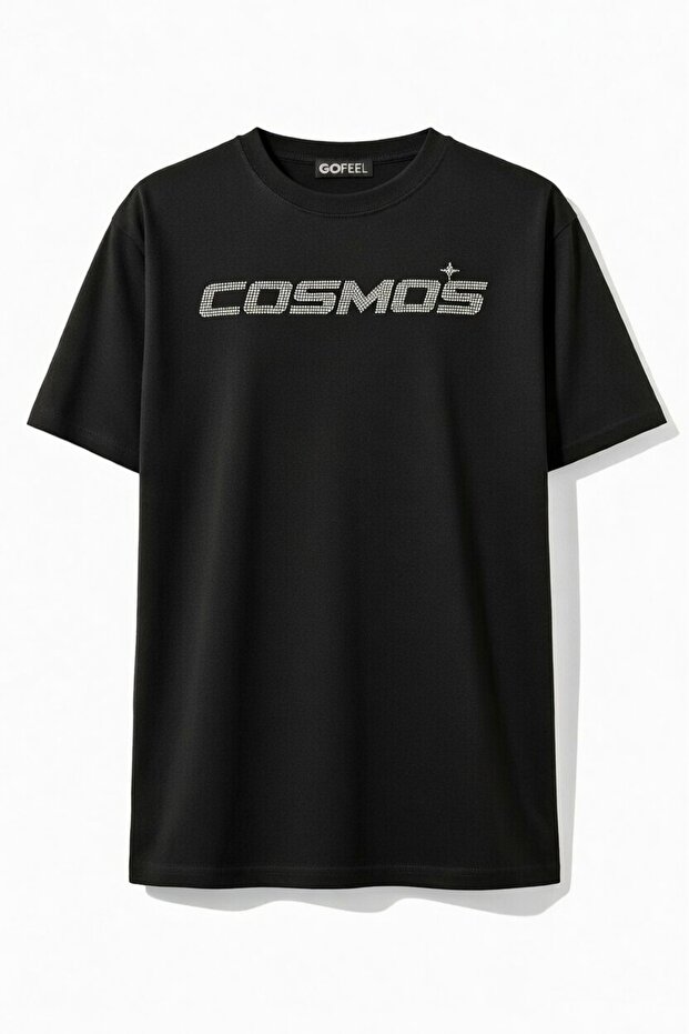 Unisex Oversized Black Cosmos Glitter Stone T-Shirt