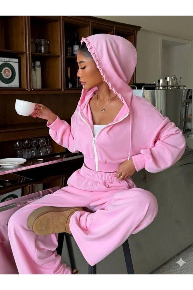 Women's Pink Cropped Hooded Sweatshirt and High-Waist Bottom Set – Metal Eyelet Detail Two-Piece Set