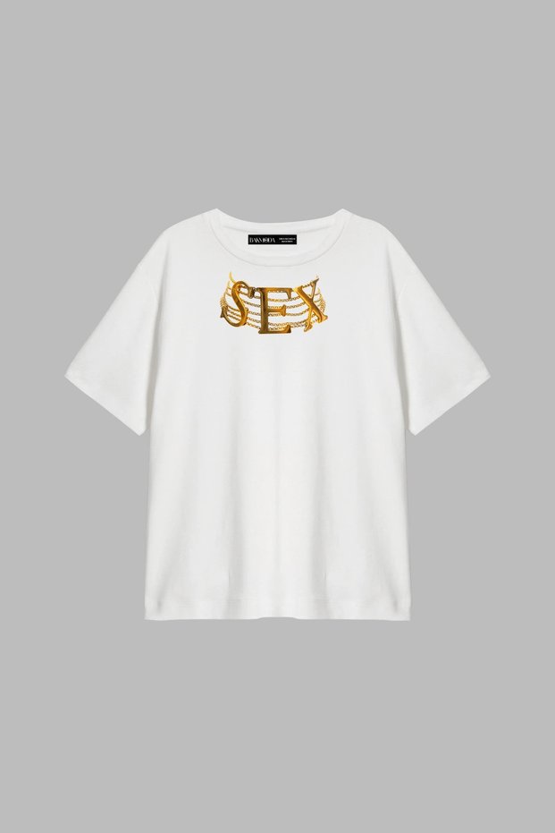 Gold Charm Printed Relaxed Fit White Women's Tshirt