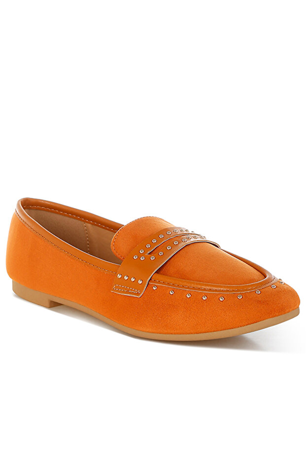 Women Penny Strap Studded Loafers In Tan