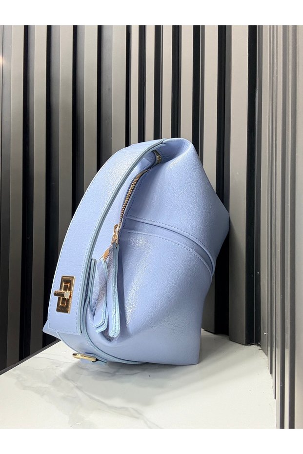 Blue Color Women's Long Strap Dress with Gold Detail on the Hand and Shoulder Bag