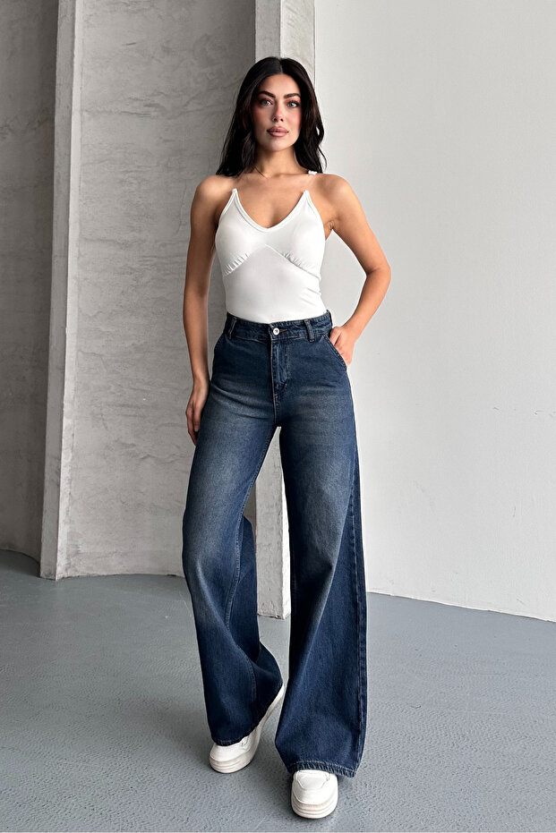 macharel jeans Kadın Yüksek Bel Jean Yan Cep Kot Palazzo Pantolon