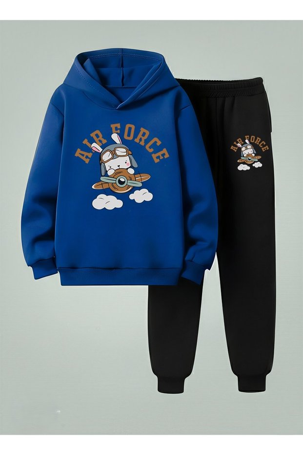 Kids Boys Hooded Uçak Printed 3 İplik Ş Brushed Inside Sweatshirt - Tracksuit Set