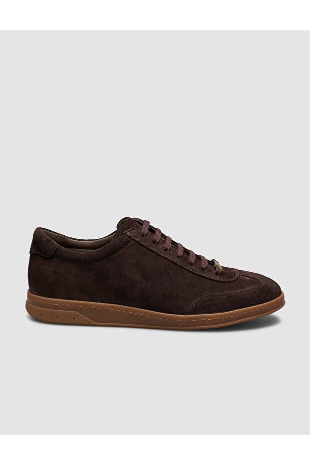 Brown Suede Textured Leather Lace-Up Men's Shoes Sneakers Rubber Sole Pcs