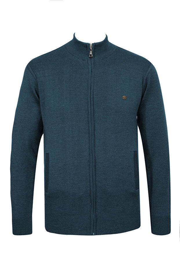 Men's Half Turtleneck Pocketed Zipper Petrol Cardigan Classic Fit - 5200K