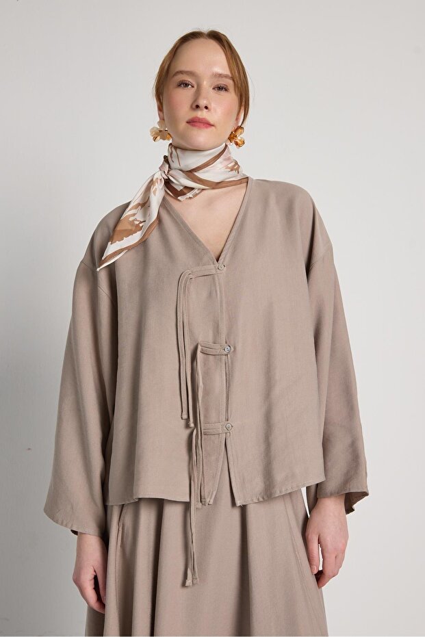Oversized Tie-Detail Premium Tencel Fabric Stone Women's Jacket 31011