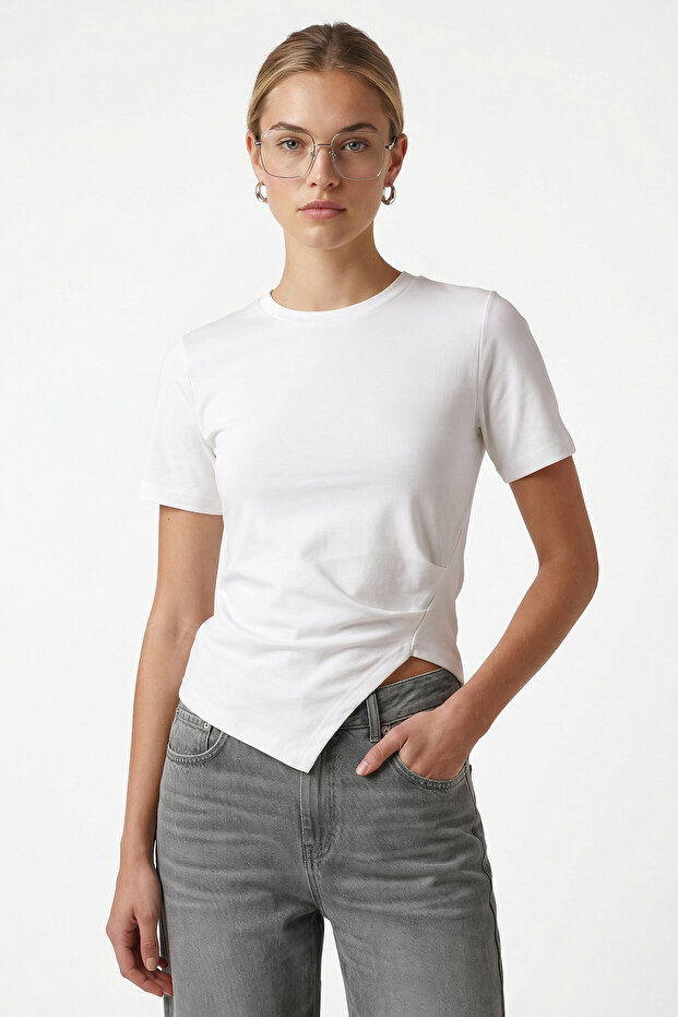 Women's Joyce Asymmetrical Detailed Ecru T-Shirt / Blouse