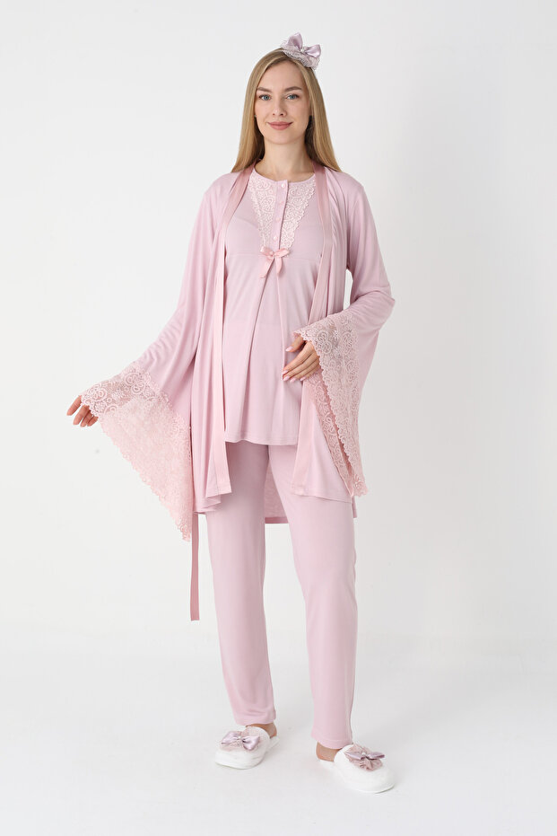 Lace Sleeveless 3-Piece Maternity Pajama and Dressing Gown Set (Contains Cotton Pieces Viscose)