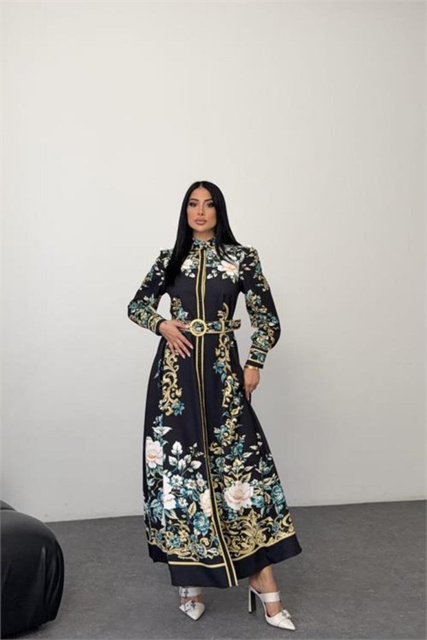 Women's Black Judge Collar Floral Print Maxi Length Design Dress Nbms2653