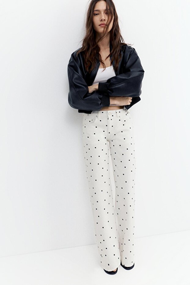 Puantiye desenli düz paça jean - 1