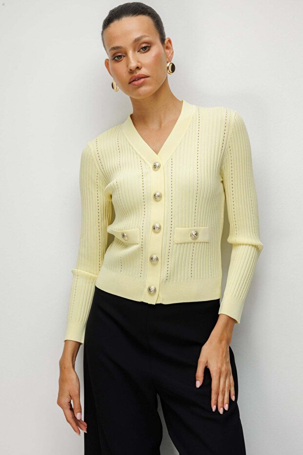 V Yaka Fitilli Triko Hırka - 2