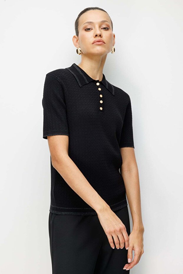 Collared Buttoned Fabric Patterned Blouse - 2