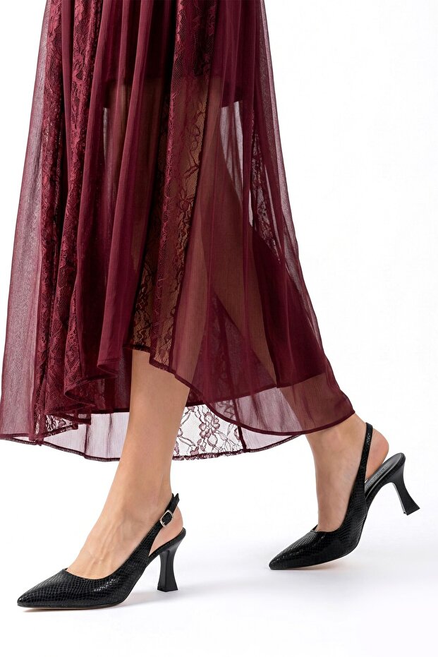 Women's Black Snake D Leather New Classic Shoes with Pointed Toe and Open Back Heels