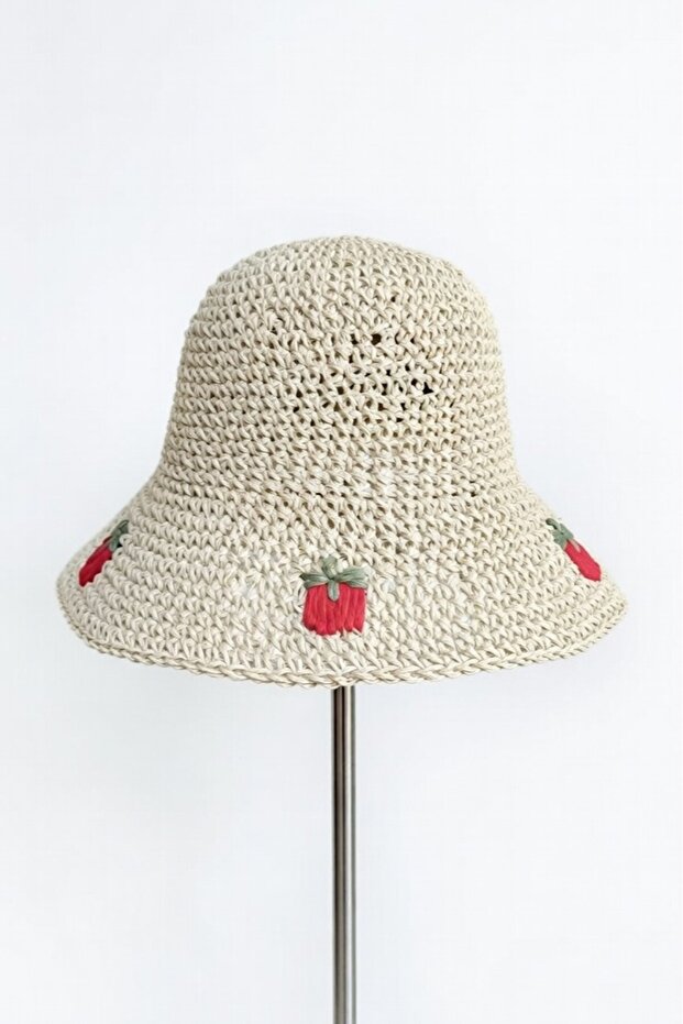 Women's Beige Straw Rope Strawberry D Patterned Bucket Hat | Summer Trend Handmade Design