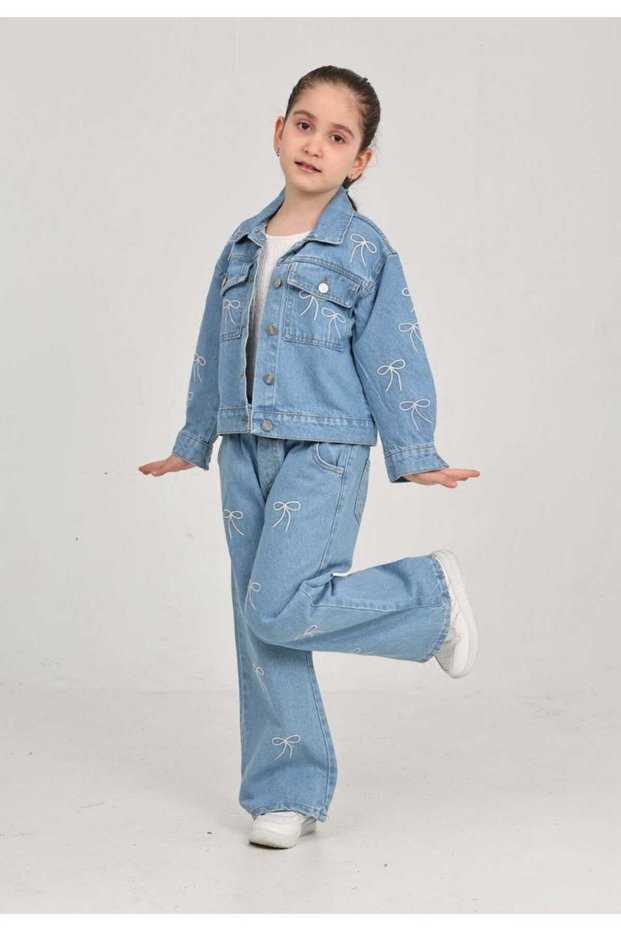 Girls' Embroidered Bow Detail Blue Denim Pants and Denim Jacket Set - Holiday Collection