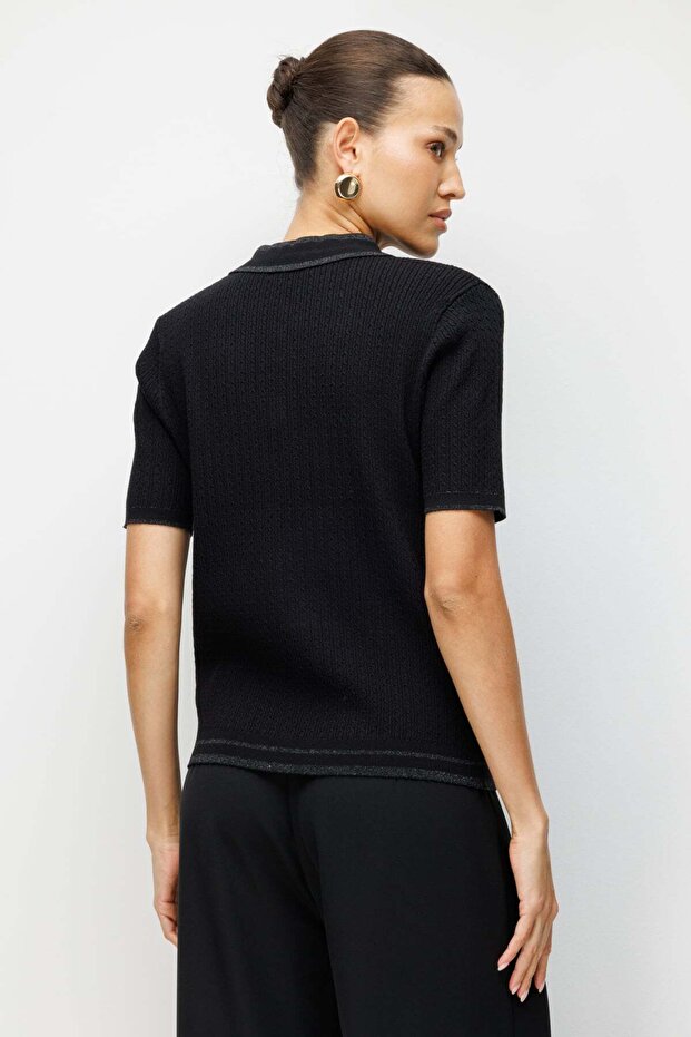 Collared Buttoned Fabric Patterned Blouse - 4
