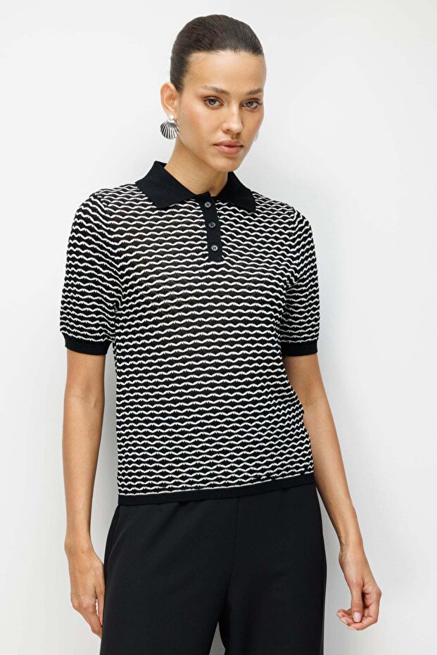 Polo Neck Patterned Blouse - 1