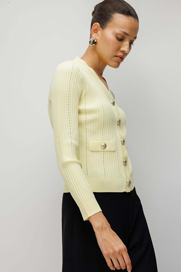 V Yaka Fitilli Triko Hırka - 3