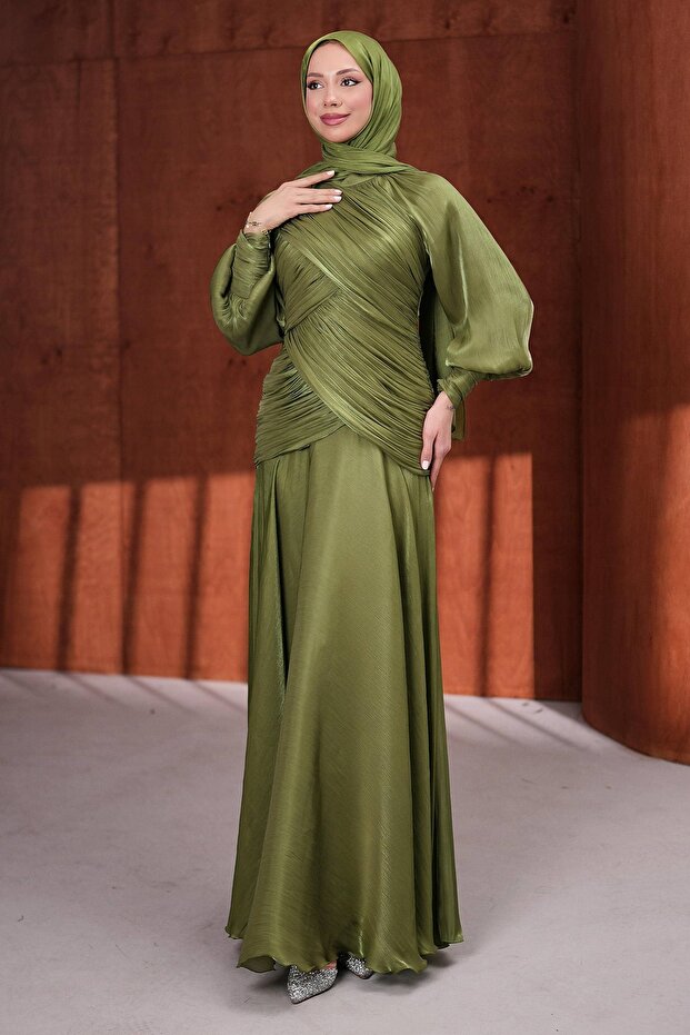 Khaki Draped Front Balloon Sleeve Sparkling Evening Dress