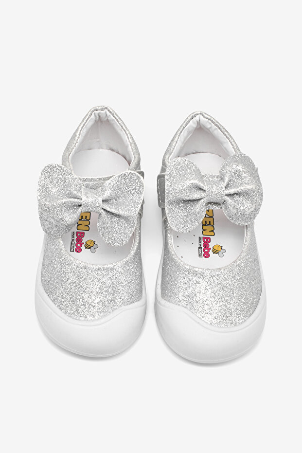 Girl's Silver Glittery Children's First Step Bowknot Ballerina Flats