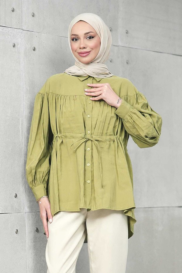 Oil Green Waist Tie-Detail Modal Casual Shirt