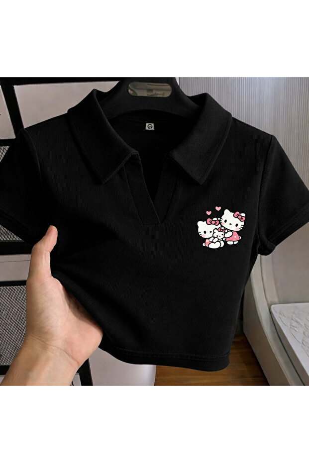 Harajuku Summer Black Polo Neck Twin Kitty Cropped