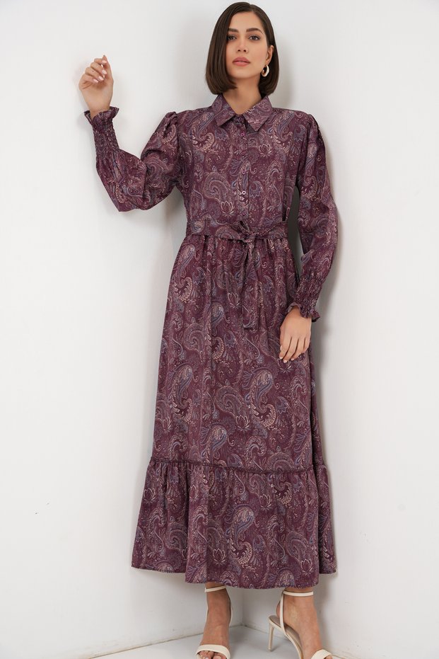 Women's Belted Hijab Dress 2589 - Burgundy