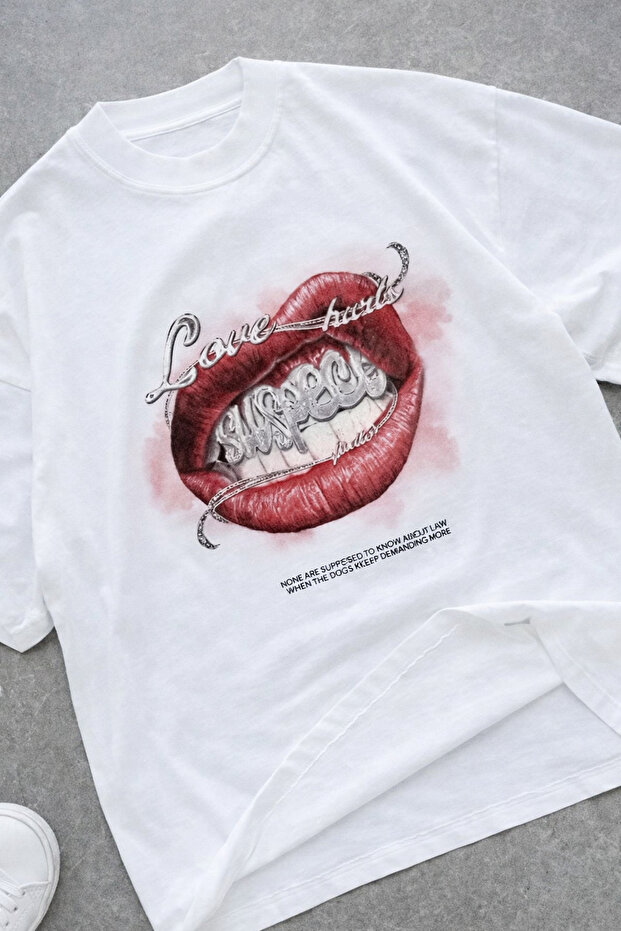Love Yourself Grillz Lip Printed White T-Shirt