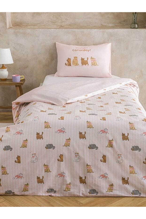 Lcw Home Mixed Cat Printed Cotton Piece Single Duvet Cover Set