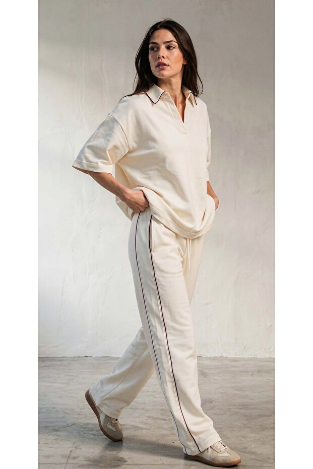 Cream Oversized Women's Tracksuit Polo Neck T-Shirt - Tracksuit Bottom and Top Set