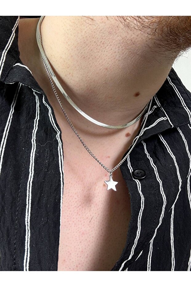 Men's Silver Star Stainless Steel Double Necklace, Colorfast, Non-Fading, Unisex, Combinable