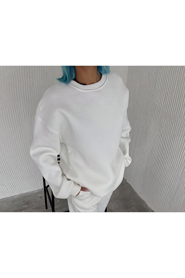 سترة شتوية بياقة دائرية وثلاث خيوط - أبيض - - 2