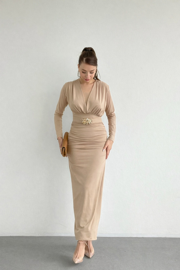 Beige Belt Li Shoulder Pad Detailed Dress