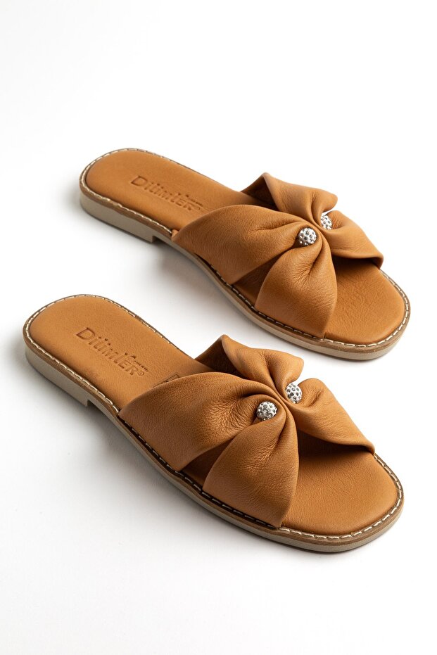 Genuine Leather Tan Women's Flat Heels with Slipper Cross Straps and Stones