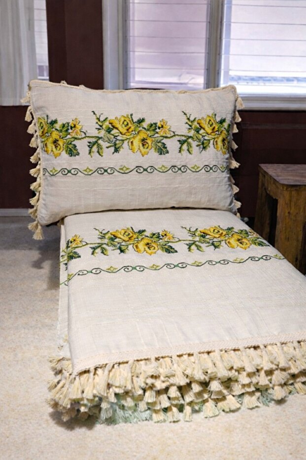 300X180 Gül Cross-Stitch Embroidered Sofa Bed Sofa Cover Buldan Işi (2 Kirlent Covers with Gift) Yellow