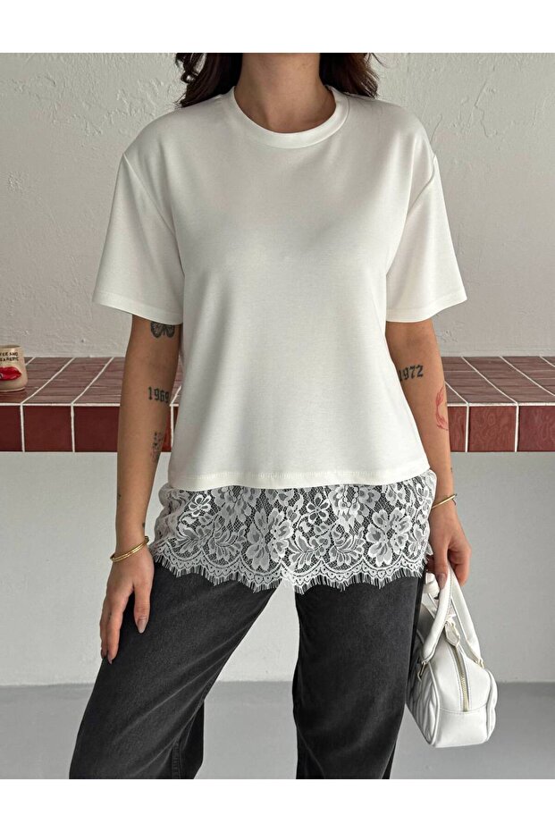 Fusta dantelă Detaliată basic tricou - 2