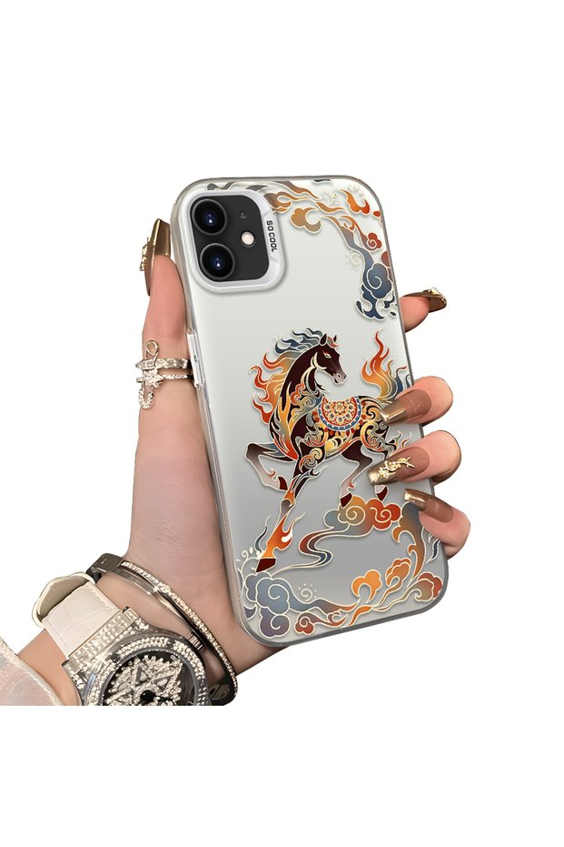 iPhone 12 Mini Compatible Hard Acrylic Back Silicone Edge Lens Protection Case Horse Patterned
