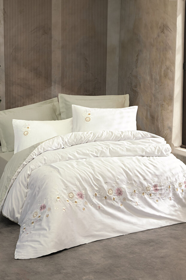 3D Embroidered Satin Double Duvet Cover Set Jenika Mint