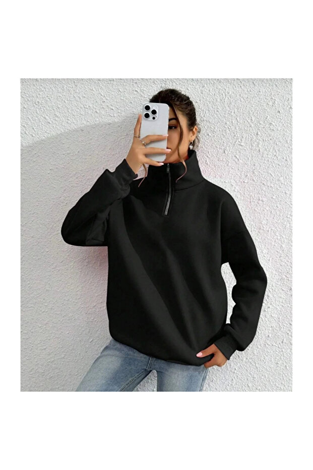 سترة رياضية أساسية بأكمام طويلة وياقة نصفية - أسود - - 1